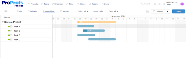 Gantt chart dependecies view in ProProfs Project