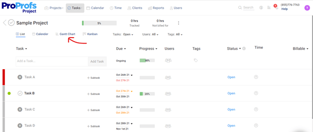 Gantt chart view in ProProfs dashboard