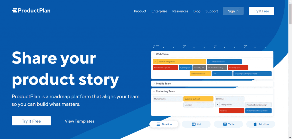 Product Plan is product roadmap software
