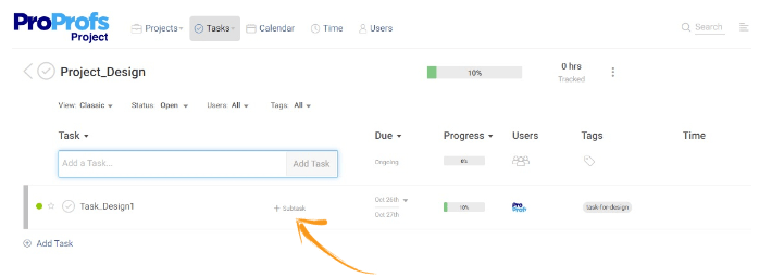 Creating subtask in proprofs project