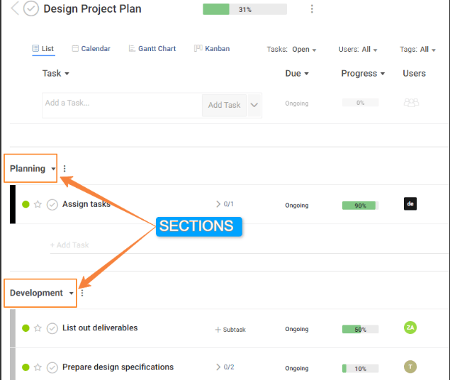 Task organization in proprofs project