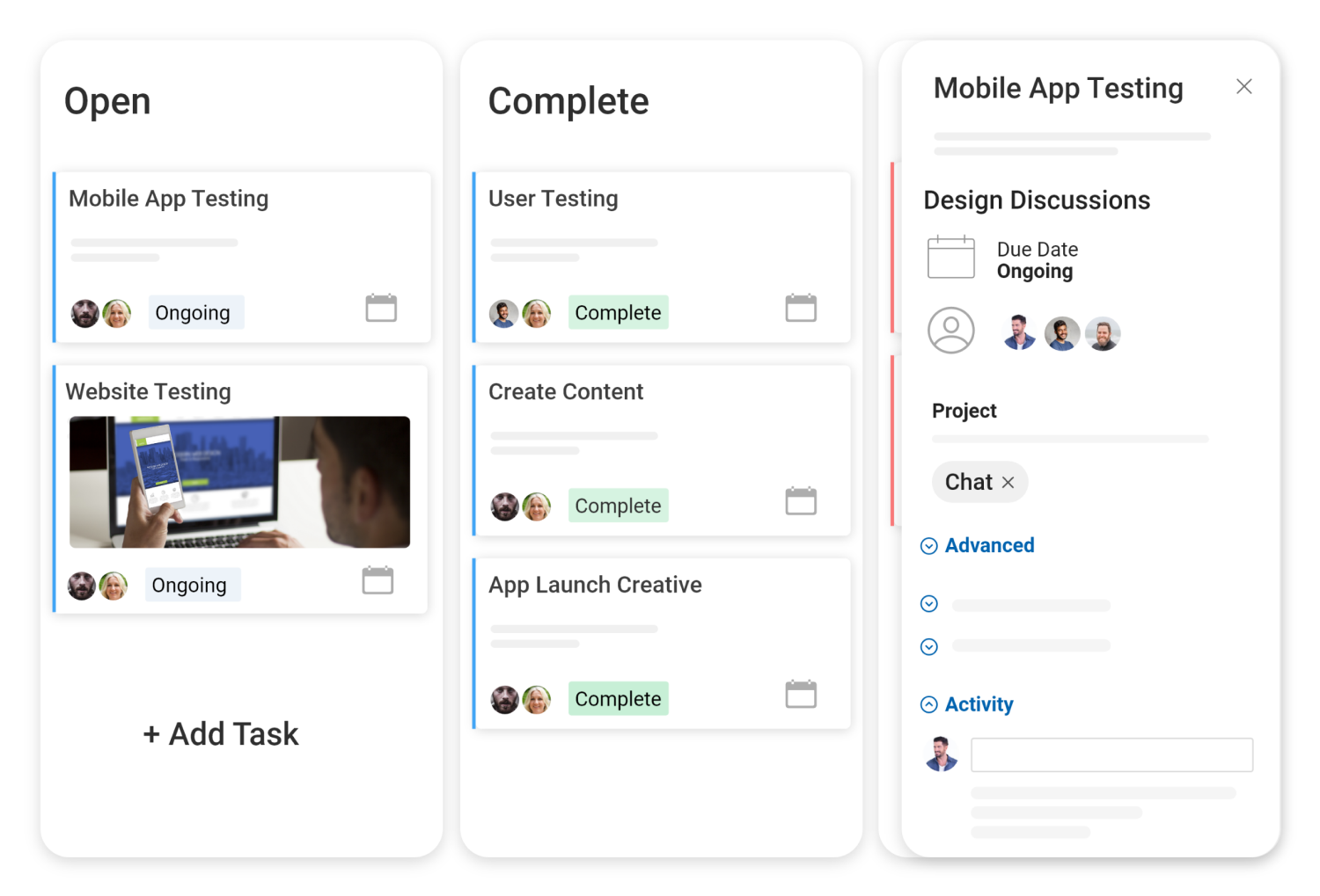Kanban board showing open and completed tasks with assignees and status during the execution phase.