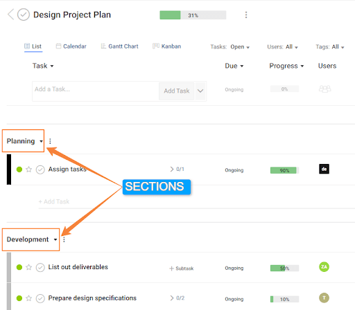 Sections look like in ProProfs