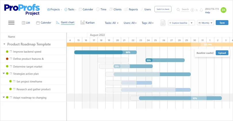 Baseline feature appears in ProProfs Project.