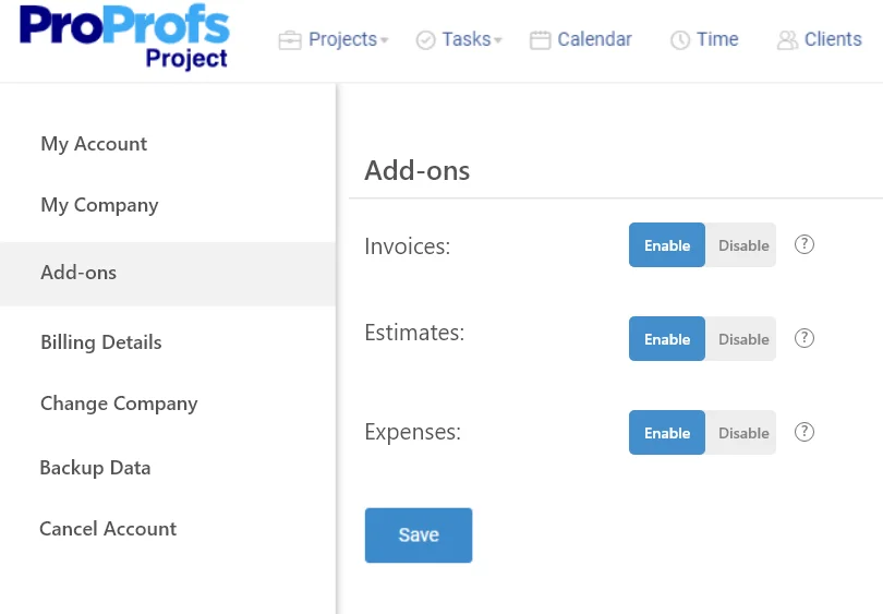 Invoices, Estimates, and Expenses in Add-ons menu