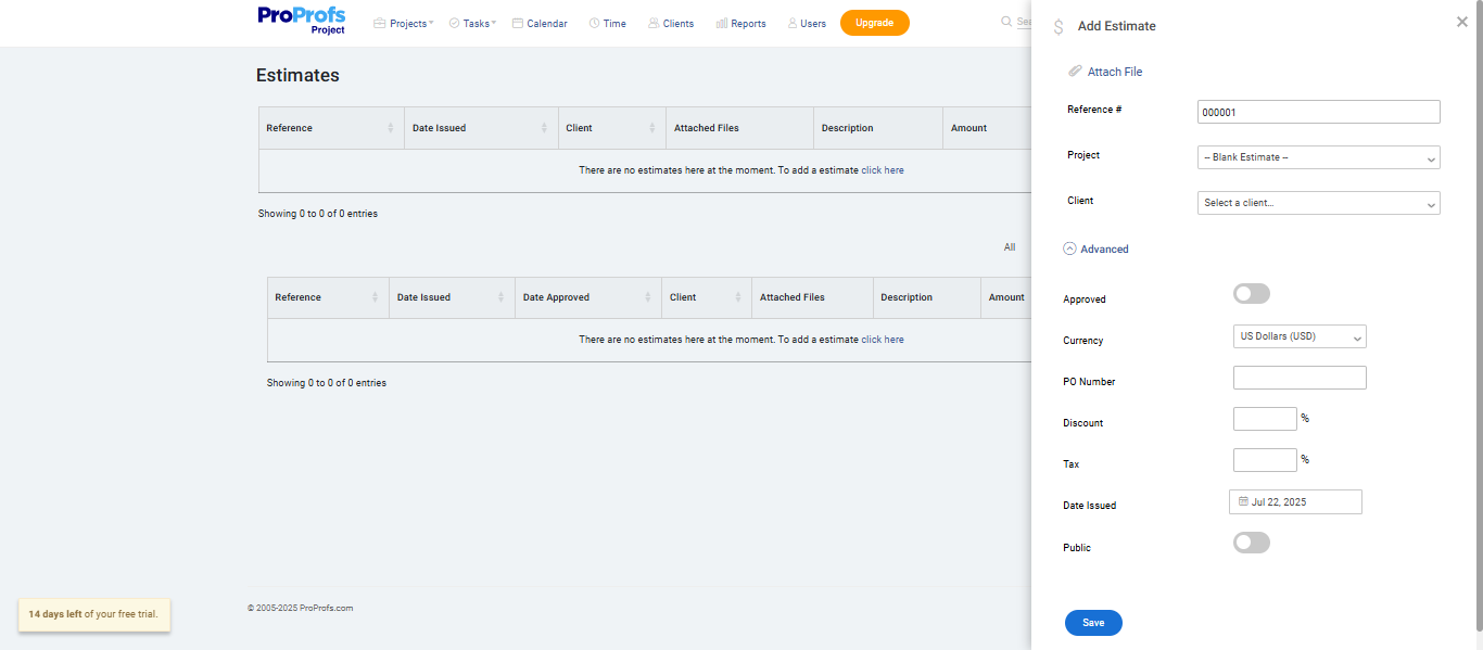 Add estimates on ProProfs for Project management