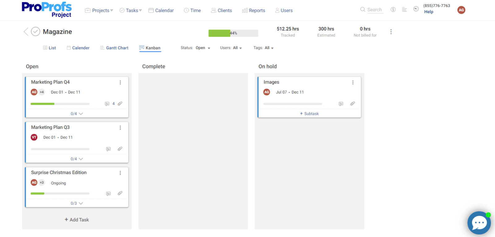 Kanban board view in ProProfs Project